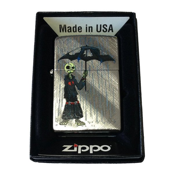 Zippo Custom Lighter - Gray Days Emo Punk Skull Guy w/Rain & Umbrella Diagonal Weave