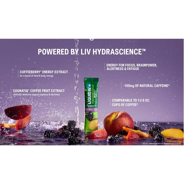 Liquid Energy Hydration Multiplier, BlackBerry Peach Electrolyte 26 Individual Serving Stick Packs in Resealable Pouch,
