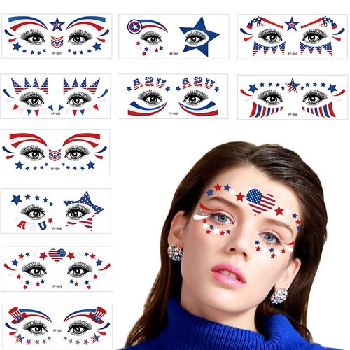 10 Sets 4th of July Temporary Tattoos Stickers Independence Day Face Eye Tattoo Sticker Waterproof Sweatproof American Flag USA Star Patriotic Memorial Day for Adult Kids Make Up Party Parade red