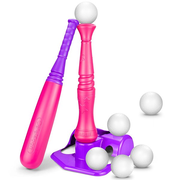 CeleMoon TBall Set for Toddlers 3-5, Baseball Softball Batting Tee Bat Toys Set, 6 Balls Included, for Kids Boys Girls Age 3-8 Years Indoor Outdoor Sport Playing Game, Pink