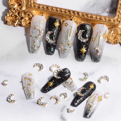 WEILUSI Gold Moon Nail Charms Kit 3D Alloy Nail Art Rhinestones Mixed Sparkle AB Crystal Rhinestones Pearl Nail Charm Jewelry Moon Nail Studs Manicure Accessories for Women Nails Decoration DIY Craft