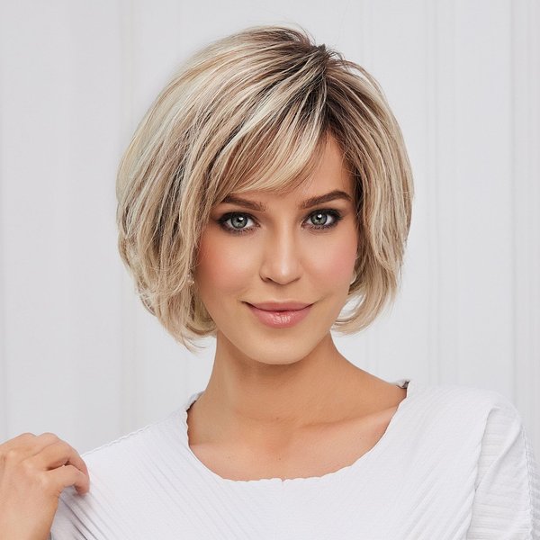Topart Hand-Tied Lace Front Wig for White Women Human Hair wigs 12 Inch Short Natural Layered Wavy Style (Mixed Blonde)