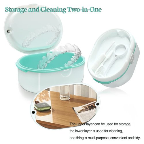 Denture Case, Double Denture Slot Cup Case Wet & Dry Portable Denture Case Portable False Teeth Container, Denture Cup with Lid for Cleaning Household Office Travel (White)