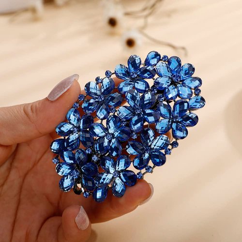 Jumwrit Shiny Rhinestone Hair Barrette Vintage Flower Hair Clip No Slip Ponytail Holder Slide Clip French Decorative Hair Accessories Hairpin Glitter Wedding Hair Jewelry for Women Girls(Blue 1)