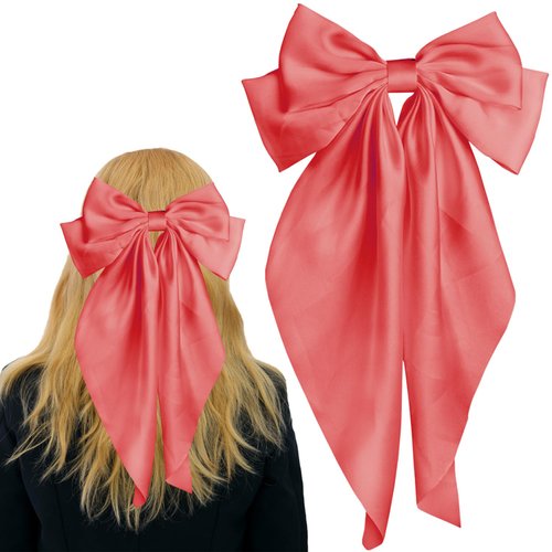 Pufandor Hair Bow Silky Satin Hair Ribbons for Women, Red Bows for Girls Hair Bowknot Barrettes Long Tails with Clips Big Hair Bows Hair Accessories (Watermelon Red 1pc)