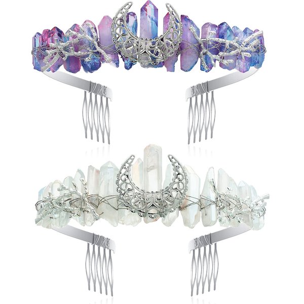 WILLBOND 2 Pieces Halloween Moon Goddess Headpiece Halloween Crystal Raw Crown for Women Girls Quartz Tiara Mermaid Crown Fairy Headpiece for Cosplay Costume Wedding Festival Bride Parties, 2 Colors