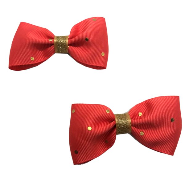 Handmade Coral and Gold Dot Girls Hair Bow Set, Little Girl Bows, Pigtail Hair Bows, Toddler Hair Bows,