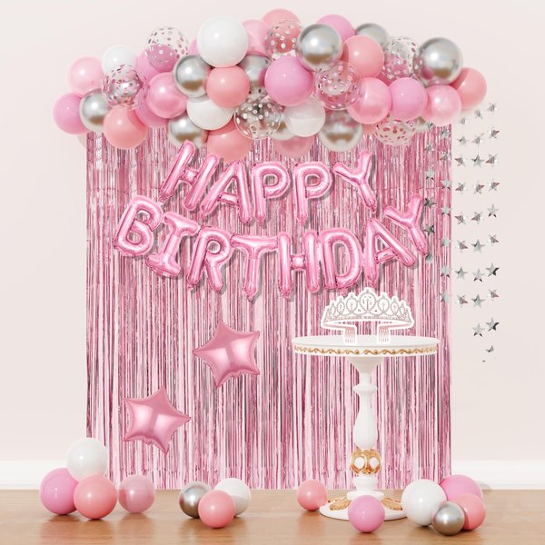 Amandir Pink Birthday Decorations for Women Girls, Pink Silver Balloon Crown Happy Birthday Banner Foil Balloons Fringe Curtains Glitter Silver Star Garland for Girl Women Birthday Pink Party Supplies