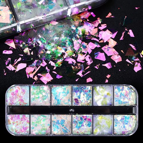 Holographic Mermaid Nail Art Glitter Iridescent Flakes JMEOWIO 12 Grids Gradient Bright Ice Slag Nail Sequins Paillettes Summer Nail Art Decoration