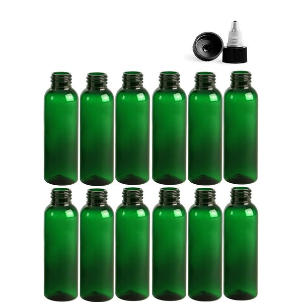 Premium Essential Oil 2 Ounce Cosmo Round Bottles, PET Plastic Empty Refillable BPA-Free, with Black/Natural Twist Top Caps (Pack of 12) (Green)