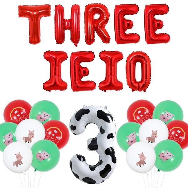 Wonmelody Three i e i o Farm Party Decorations Farm Animal 3rd Birthday Decorations Threeieio Balloon Banner with Barn Piggy Donkey Farm Animals Balloons for 3rd Kids Barnyard Farm Party Boy Girl
