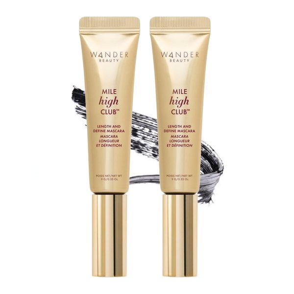 Wander Beauty Mile High Club Length + Define Black Mascara - Smudge-Proof, Lash Lengthening Mascara for a Full, Fanned Out Effect - Castor Oil + Peach Leaf Conditions & Strengthens (2 Pack)