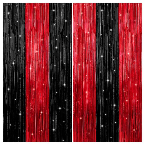 KatchOn, Red and Black Fringe Curtain - 3.2x8 Feet Pack of 2 | Red and Black Party Decorations | Halloween Backdrop for Halloween Decorations | Casino Theme Party Decorations