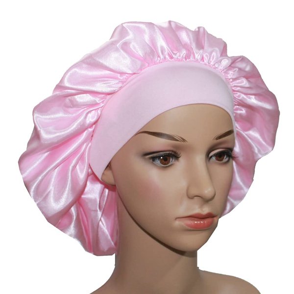 VEYRNEIC Hair Satin Bonnet for Sleeping Shower Caps Silk Chemo Caps with Wide Elastic Band Night Sleep Cap Bonnets for Black Women Braids with Satin Storage Bag (Pink)