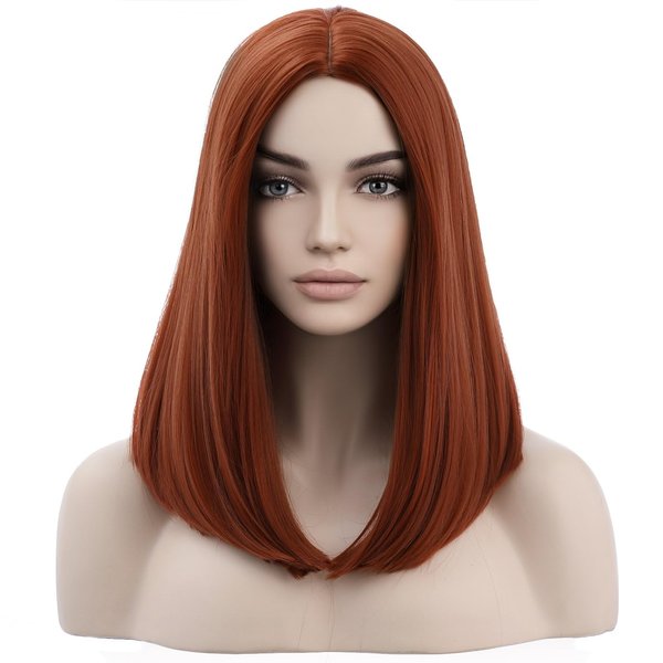 BERON Dark Orange Wigs Straight Medium Length Wig Middle Part Women's Wig for Cosplay Halloween Party or Daily Use Wig Cap Included