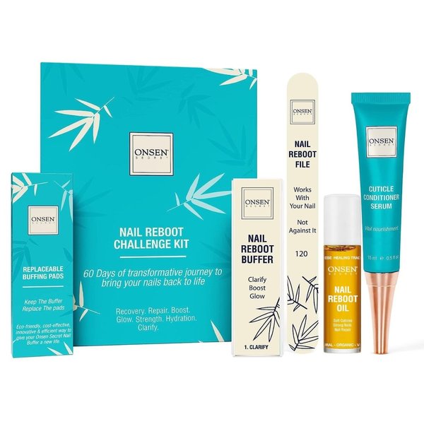 Onsen Secret Complete Nail Reboot Kit w/Nail Reboot Oil 10ml, Nail File 120/180 Grit Double Sided, A 3-Way Nail Buffer Block & Cuticle Serum-15ml w/Cuticle Oil in Action-Super Value Pack