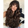 AISI QUEENS Brown Wig with Bangs for Women Long Wavy Hair Wig Brown Highlight Wig Curly Wavy Synthetic Wigs for Girls Daily Party Use