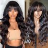 JZhair Body Wave Human Hair Wigs With Bangs Brazilian Remy Hair Machine Made O Scalp Top Wig For Black Women Remy Brazilian Human Hair Wave Wig 200% Density Natural Color 18 Inch