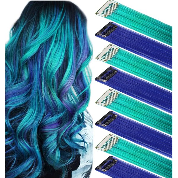 IAMERUI 8 PCS Colored Blue Teal Hair Extensions 21 Inch Colorful Clip in Hair Extensions Straight Synthetic Hairpiece for Women Kids Girls Halloween Christmas Cosplay, (Blue Teal)