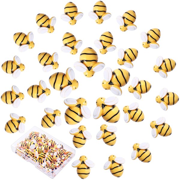 MIKIMIQI 30 Pcs Tiny Resin Bees Decor Bumble Bee Embellishment Resin Bees Craft Decorations with Storage Box for DIY Craft Wreath Scrapbooking Party Home Decor, 0.98 Inch, 0.74 Inch