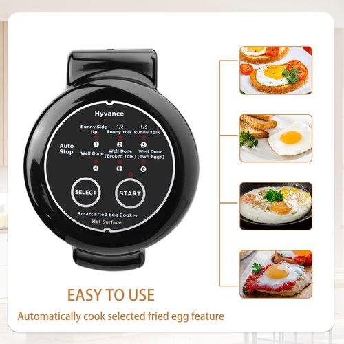 Hyvance Smart Fried Egg Cooker, Automatic Fried Egg Maker for 6 Features like Sunny Side Up, Over Easy, Fully Cooked & More. Auto Power Off, Alarm, Round Shape, Non Stick Coating (Black)