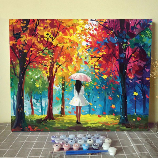 Girl Paint by Number Woman Walking in Forest Painting DIY Painting On Canvas with Brushes Acrylic Paints Lady Under The Umbrella Paintwork for Adults Beginner 16x20 Inch Gift Home Decor（Frameless）