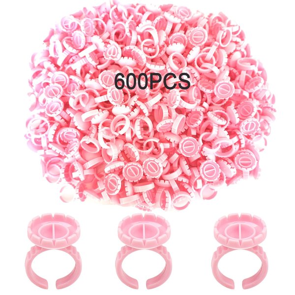 600PCS Glue Rings Lash Rings for Glue, Smart Glue Rings Holder for Eyelash Extensions, Disposable Rings for Lashes, Lovely Shape Lash Fan Blossom Glue Holder Cups for Lash Extension Supplies, Pink