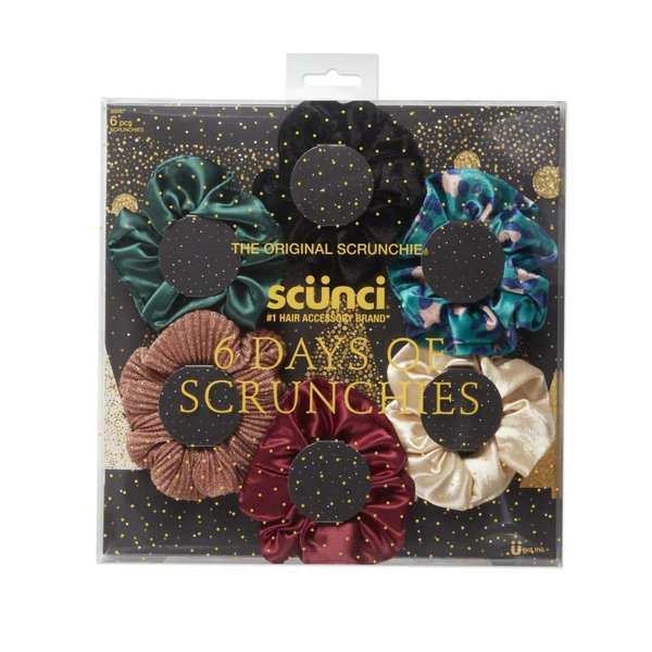 The Original Scrunchie® Six Days of Scrunchies Fashion Gift Set Includes 6 Unique Designs: Black Velvet, Emerald Satin, Animal Velvet, Burgundy Satin, Pink Metallic, White Satin in Presentation Box