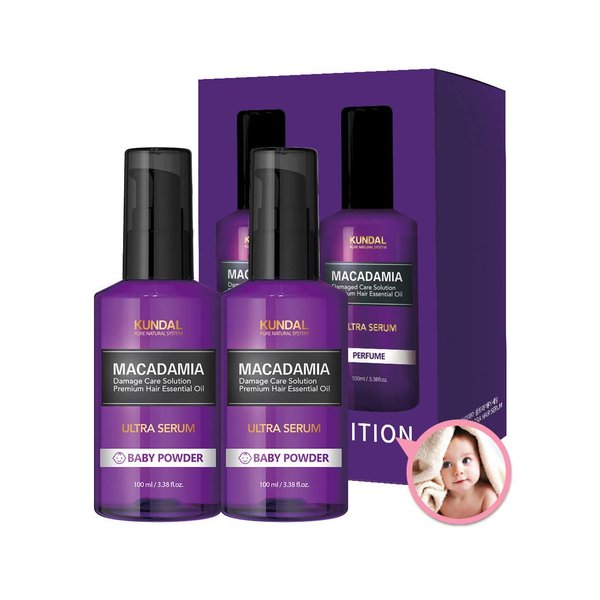 Kundal Pure Natural System, Macadamia Ultra Hair Serum, Baby Powder Scent, Only 7 Second, 100ml / 3.5 Fl Oz × 2P Set