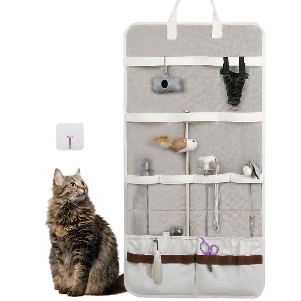 GreenPetopia Cat Wand Toy Storage Bag with Carboard, Fabric Cat Feather Toy Hanging Holder, Cat Toys Wand Storage Organizer, Gray