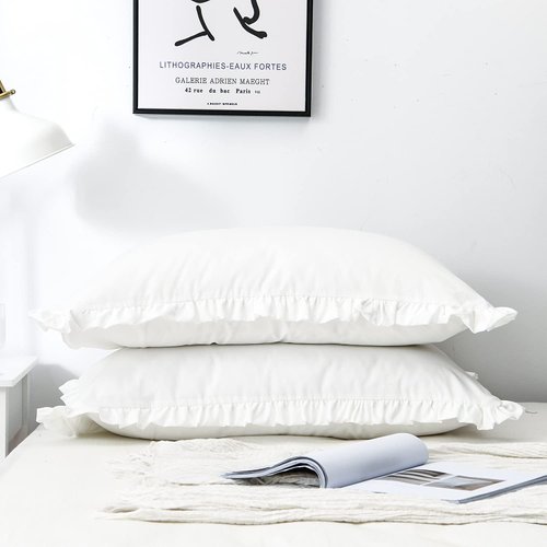 Dekeyoo Ruffled Pillow Case Set, Pack of 2 Edge Ruffled Pillow Shams 100% Brushed Microfiber Standard Size Bedding Pillow Covers with Envelope Closure (20x26 inches, White)