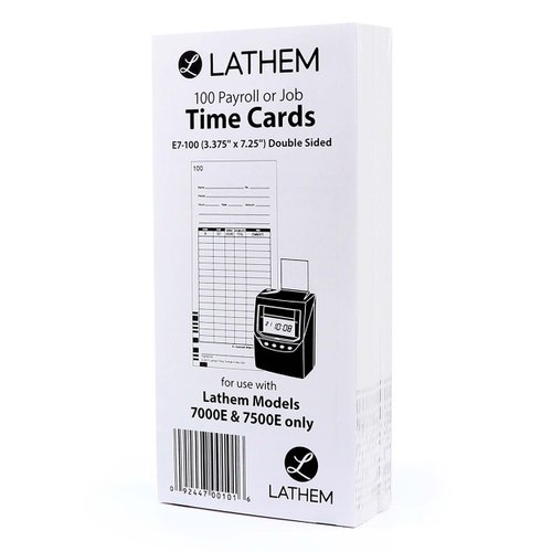 Lathem Time E7-100 Universal 2-Sided Time Cards for 7000E Time Recorder, Numbered 1-100, 100/Pack, 3 1/2 x 7 1/4