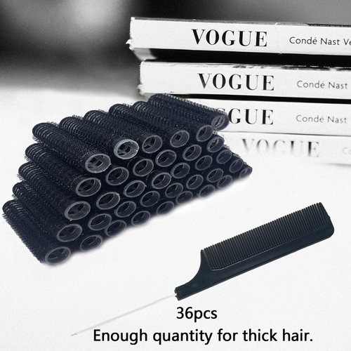 MOODKEY 36PCS Self Grip Small Hair Curlers Black Heatless Roller Hair Curlers Pro DIY Curly Hairstyle Hair Rollers Tools Rat Tail Comb for Women Medium Short Hair(0.6 x 2.4 Inch)