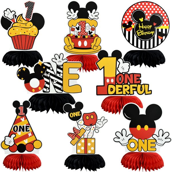 TONIFUL 1st Birthday Black Red Yellow Mouse Themed Table Honeycomb Centerpieces, Red Mouse Table Topper Decor, Letter ONE for First Birthday Party Supplies Party Decorations (8 Pcs)