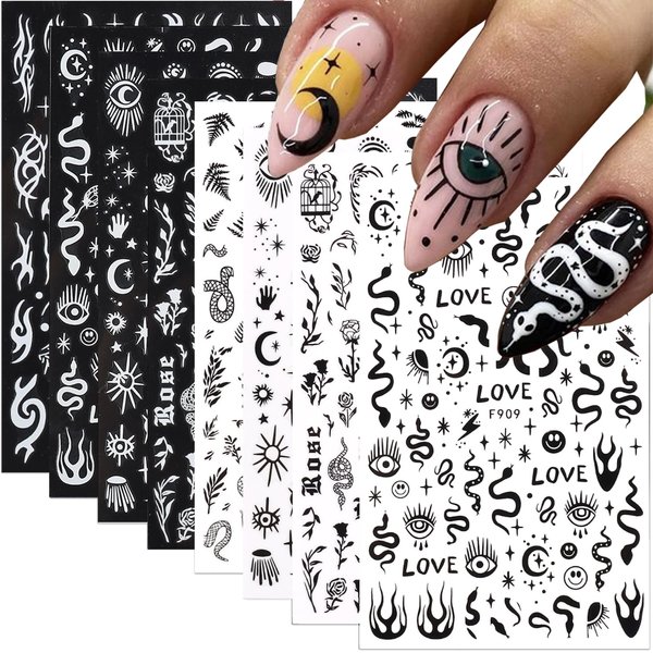 10 Sheets Gothic Nail Stickers 3D Self-Adhesive Nail Decals Art Design Holographic Stars Moon Snake Nail Art Sticker Decoration for Women Manicure Tips Acrylic Nails DIY Nails Art Supplies
