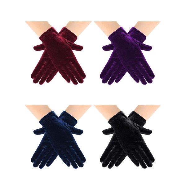 4 Pairs Short Opera Velvet Gloves Tea Party Gloves Women Wrist Banquet Gloves for Wedding Party Dancing Costume (Black, Purple, Blue, Wine Red)