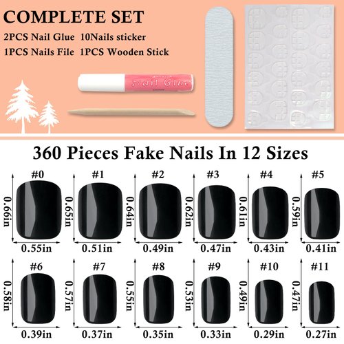 LoveOurHome 360pc Square Press on Nails Short Fake Nails Black Acrylic Press on Nails Square Presson Nail Tips Full Cover Glue Nails Colored Short False Nails & Glue Adhesive Tabs for Women Girls