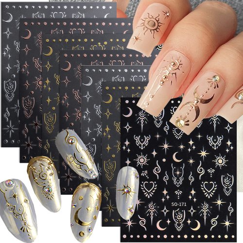 8 Sheets Star Moon Sun Nail Art Stickers Decals 3D Self-Adhesive Nail Art Decoration Decals Holographic Laser Design Star Nail Decals Moon Sun Nail Charms for Women and Girls DIY Acrylic Nail Art