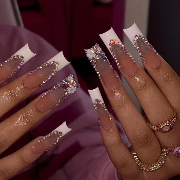 Press on Nails Long Coffin BAOYAALIN, White Fake Nails with Rhinestones Flower Design Gel Glue on Nails for Women Girls Full Cover Acrylic Artificial False Stick on Nail for Wedding 24Pcs in 12 Sizes