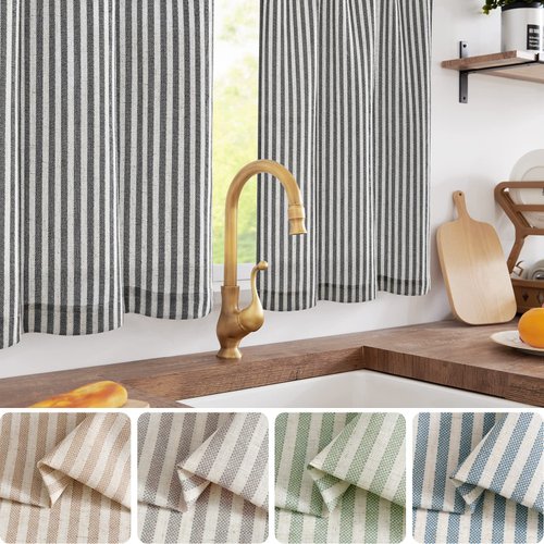 jinchan Kitchen Curtains Striped Tier Curtains Ticking Stripe Linen Curtains Pinstripe Cafe Curtains 36 Inch Length for Living Room Bathroom Farmhouse Curtains Rod Pocket 2 Panels Black on Beige