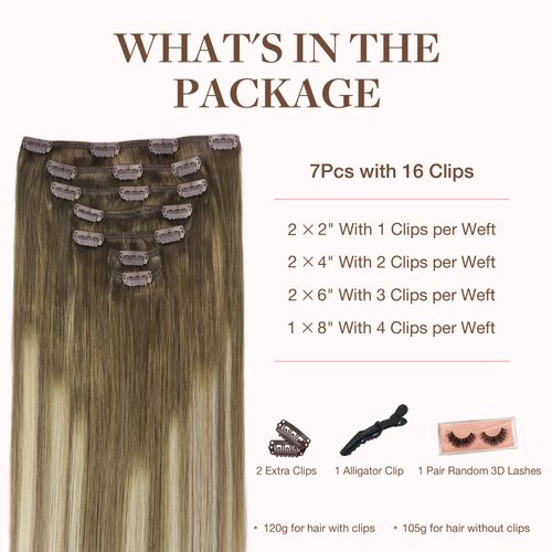 GOO GOO Clip in Hair Extensions Real Human Hair, Remy Human Hair Extensions Clip ins for Women, Natural Human Hair, 20inch 120g 7Pcs, 3/8/613 Balayage Walnut Brown to Ash Brown and Bleach Blonde