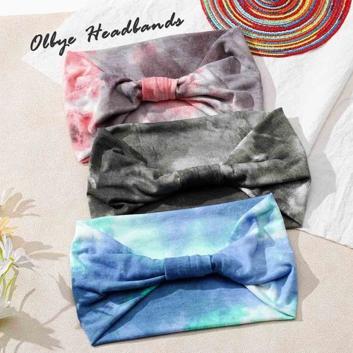 Olbye Wide Headbands Women Knotted Headband Tie Dye Elastic Head Bands Turban Headwraps Nonslip Workout Hair Bands Sports Yoga Sweatbands Boho Hair Accessories for Women 3Pcs (Tie Dye A)