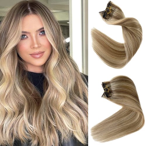 Remy Clip in Extensions Human Hair Natural 16Inch Blonde to Light Blonde Highlight Clip in Hair Extensions 7 Pieces Seamless Clips for Blonde Remy Extensions 70G for Women