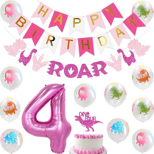 Dinosaur Party Decorations for Girls, Number 4 and Dinosaur Standing Balloons, ROAR Garland and Dinosaur Four Cake Topper for Girls 4th Birthday Party Supplies
