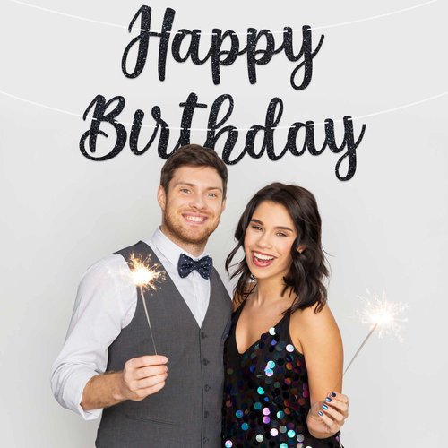 Pre-Strung Happy Birthday Banner - NO DIY - Black Happy Birthday Banner For Men & Women - Pre-Strung Script Garland on 6 ft Strands - Glitter Birthday Party Decorations & Decor. Did we mention no DIY? (Black)