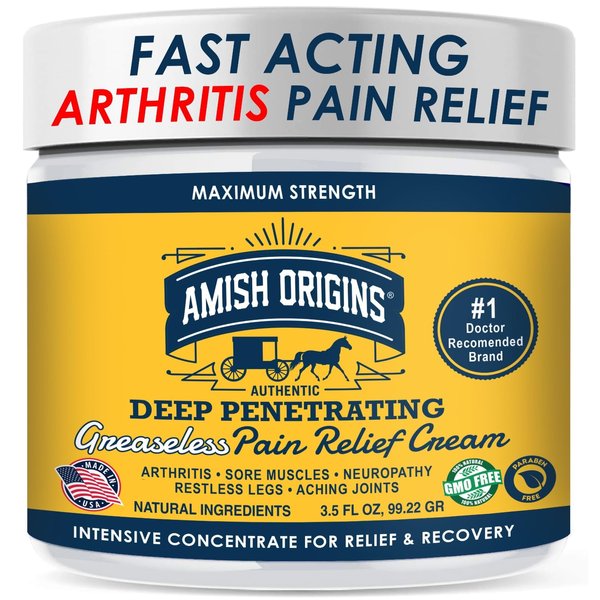 Amish Origins Arthritis Pain Relief Cream - 3.5 oz - Maximum Strength Deep Penetrating for Joint, Muscle, Knee, Back, Feet, Hand, Ankle, Aches, Neuropathy
