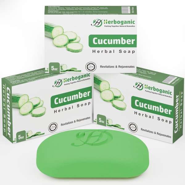 HERBOGANIC Cucumber Herbal Soap | Natural Bar Soap for Face and Body | Nourishing and Revitalizing | Gentle for Men and Women| 5 Oz (Pack of 3)…
