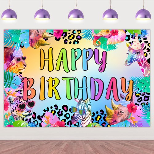 Wonmelody Jungle Animals Birthday Backdrop Rainbow Animal Party Decor Leopard Birthday Backdrop Rainbow Cheetah Party Supplies for Boys Girls Colorful Safari Giraffe Print Animal Decor 1st 2nd 3rd