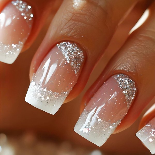 White French Tips Press on Nails 24Pcs Glossy Silver Glitter Acrylic Fake Nails Sparkly False Nails Gel Glue on Nails for Manicure Glitter Stick on Medium Square Nails for Coquette Women Girls