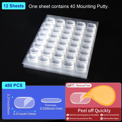 PHIXBEAR 480 Pcs Mounting Putty, Sticky Tack for Wall Hanging Things, Clear Tacky Wall Putty fits Pictures Poster, Removable Non Marking Adhesive Dots 0.31" X 0.51"